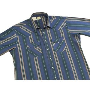 Western Frontier Men's XL Pearl Snap Shirt Blue Stripe SS Rodeo VTG MT11
